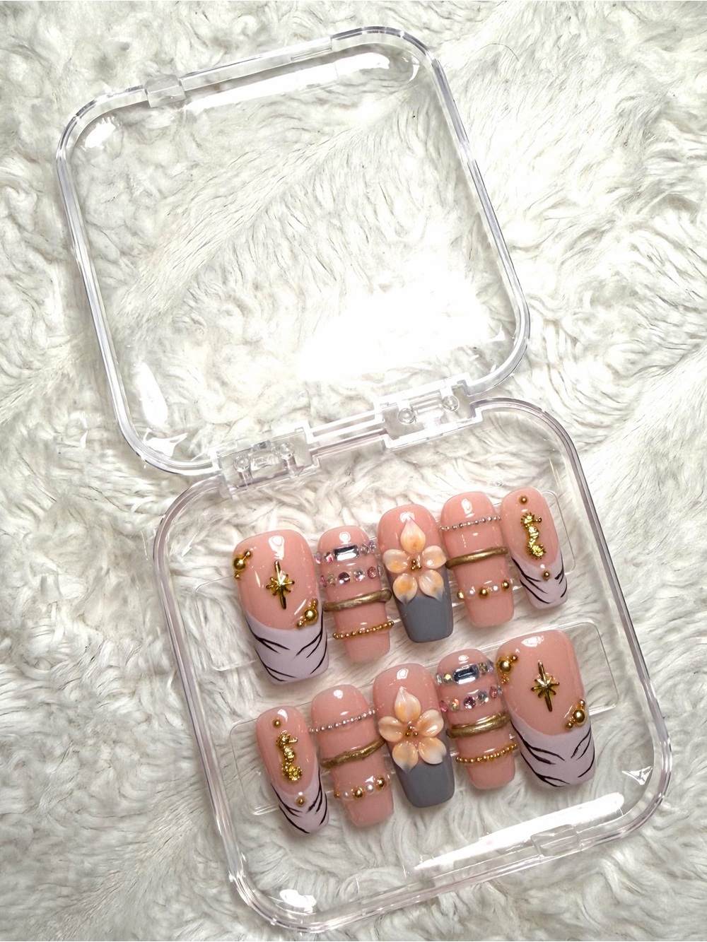 LARGE Peach Pink & Gray Floral 3D Press-On Nail Set